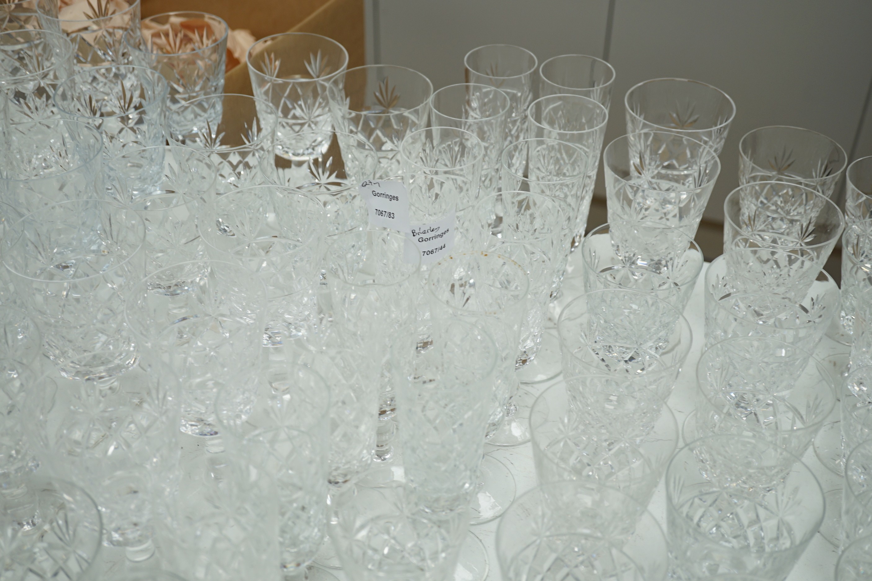 A large quantity cut glass suite of drinking glasses, mostly Brierley Queens pattern.